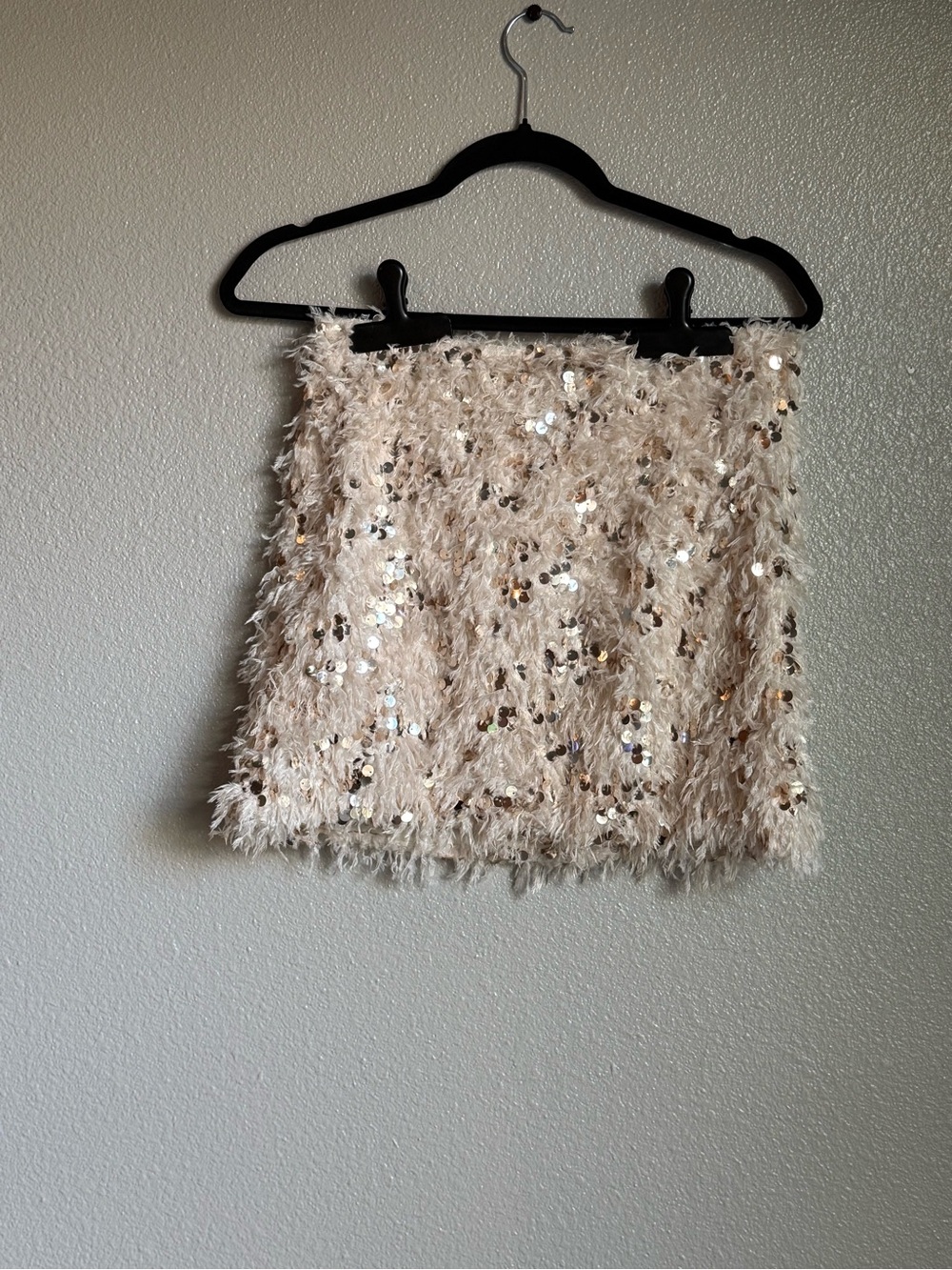 XS Sequined Feather-Texture Mini Skirt in Beige